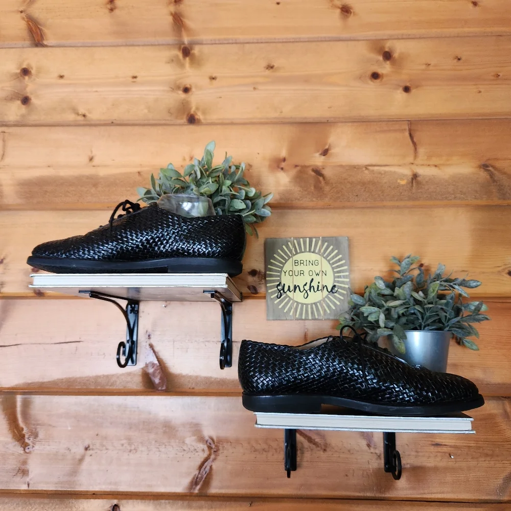Susan Bennis Warren Edwards Vintage Black Basketweave Leather Oxford Shoes Sz 10